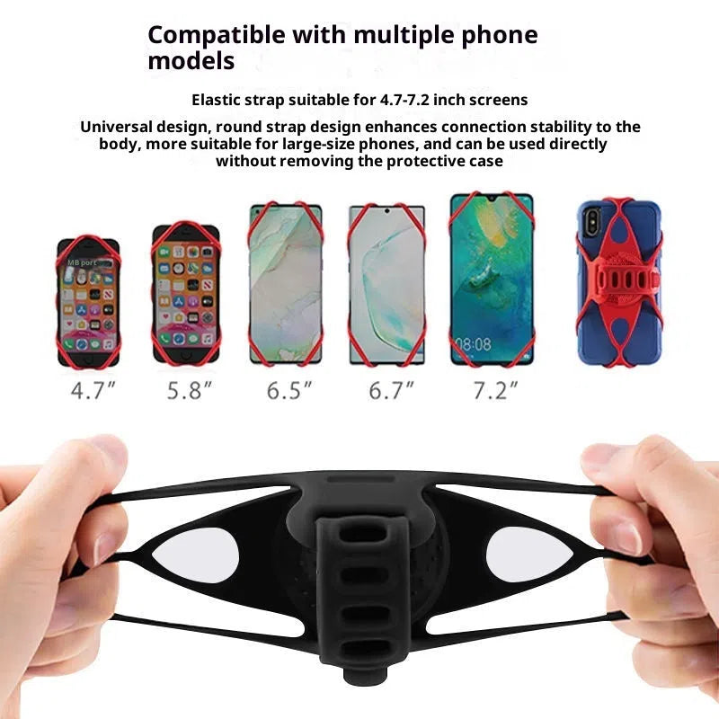 Universal adjustable road bike phone mount in black plastic attached to handlebars