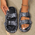 Women's black and khaki leopard print EVA slippers with thick, non-slip soles.
