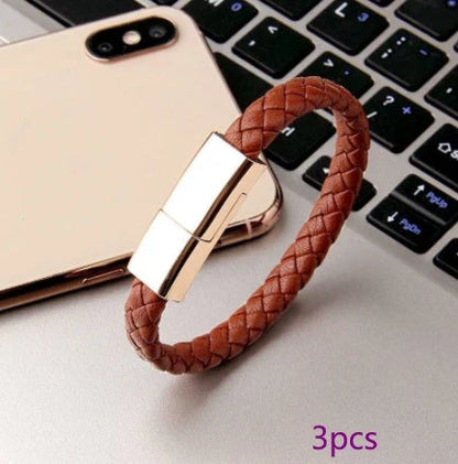 Stylish leather bracelet charging cable for iPhone, Android, and USB-C devices in various colors and sizes