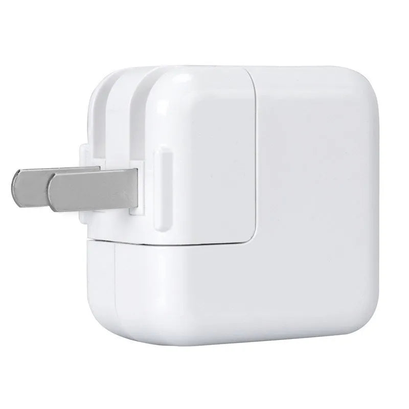 Apple-compatible iPad charger showing USB port with 10W/12W and US/EU plug options