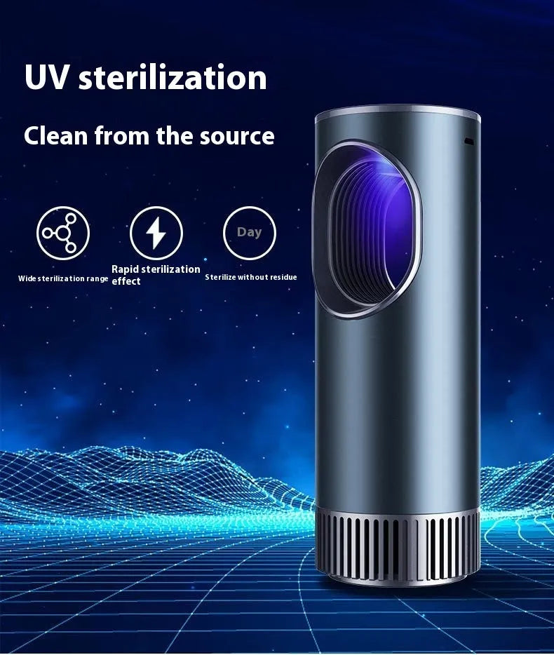 Black compact car air purifier with USB cable for formaldehyde removal and anion generation.