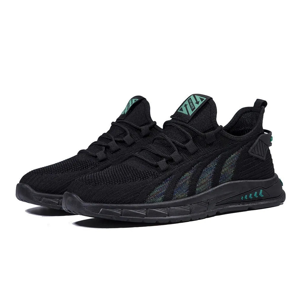 Men's low-top black mesh sneakers with stripe pattern and flat plastic sole on a white background.