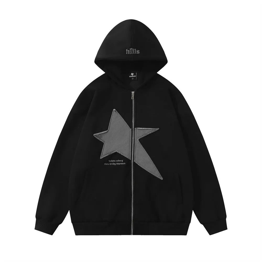 Men's pentagram geometry paste cloth embroidery hooded cardigan sweater in cotton blend loose fit black color
