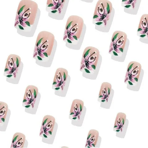 Pastoral style French white lily wearable nail set in jelly glue with European square shape