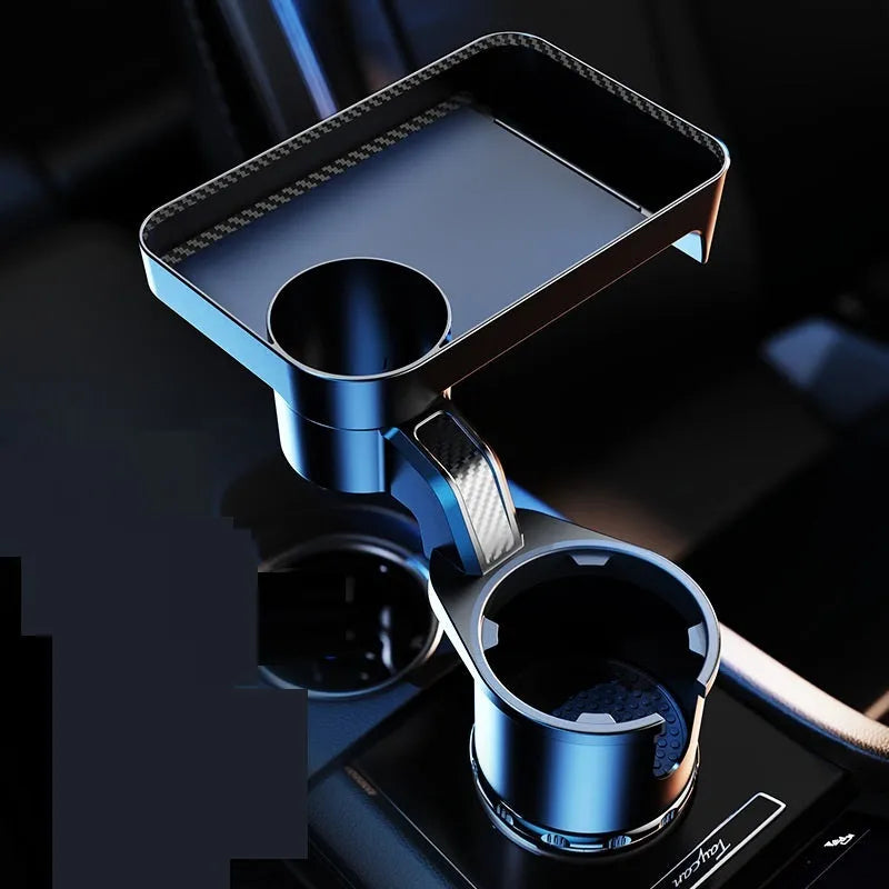 Black rotating car cup holder with dinner plate attachment shown in large and small size options.