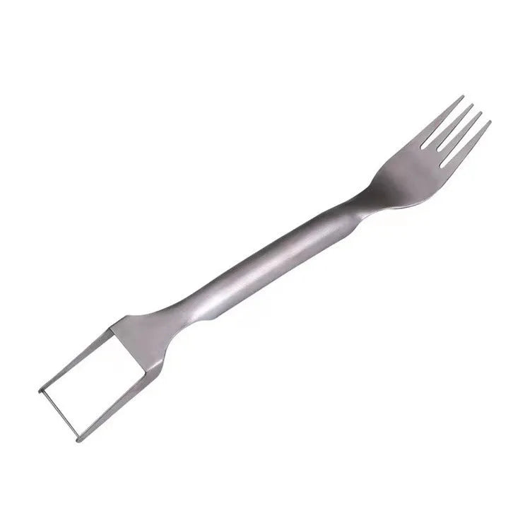 Silver stainless steel watermelon slicer with a 26cm handle and a 3.6cm wide rounded fork head.