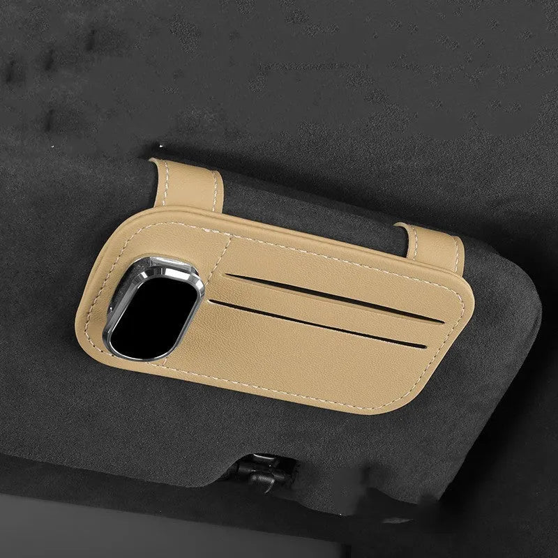 Cowhide leather car sun visor organiser with card slots and glasses clip in beige colour