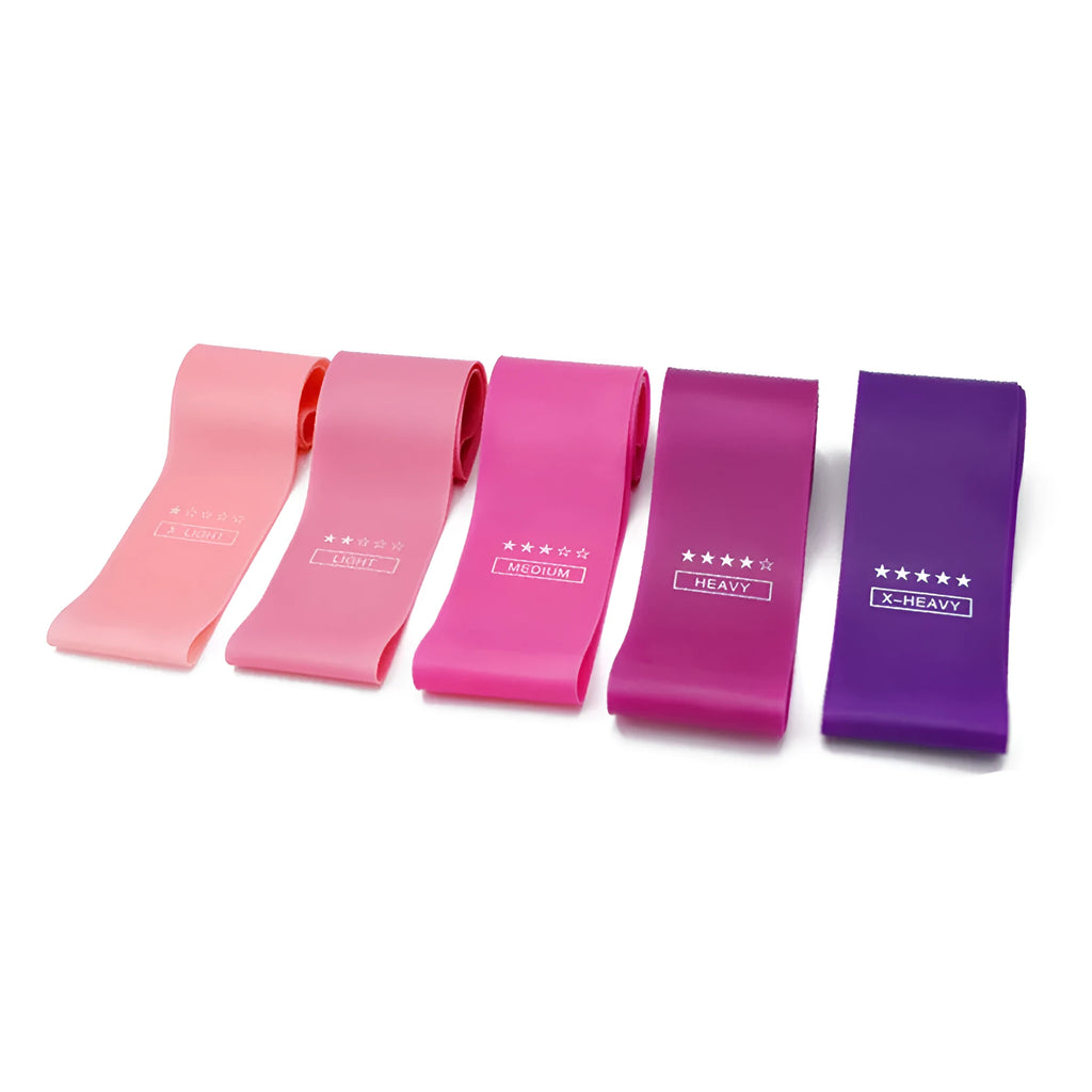 Gym Sterkte natural latex resistance bands five colour levels light pink to purple 600x50mm