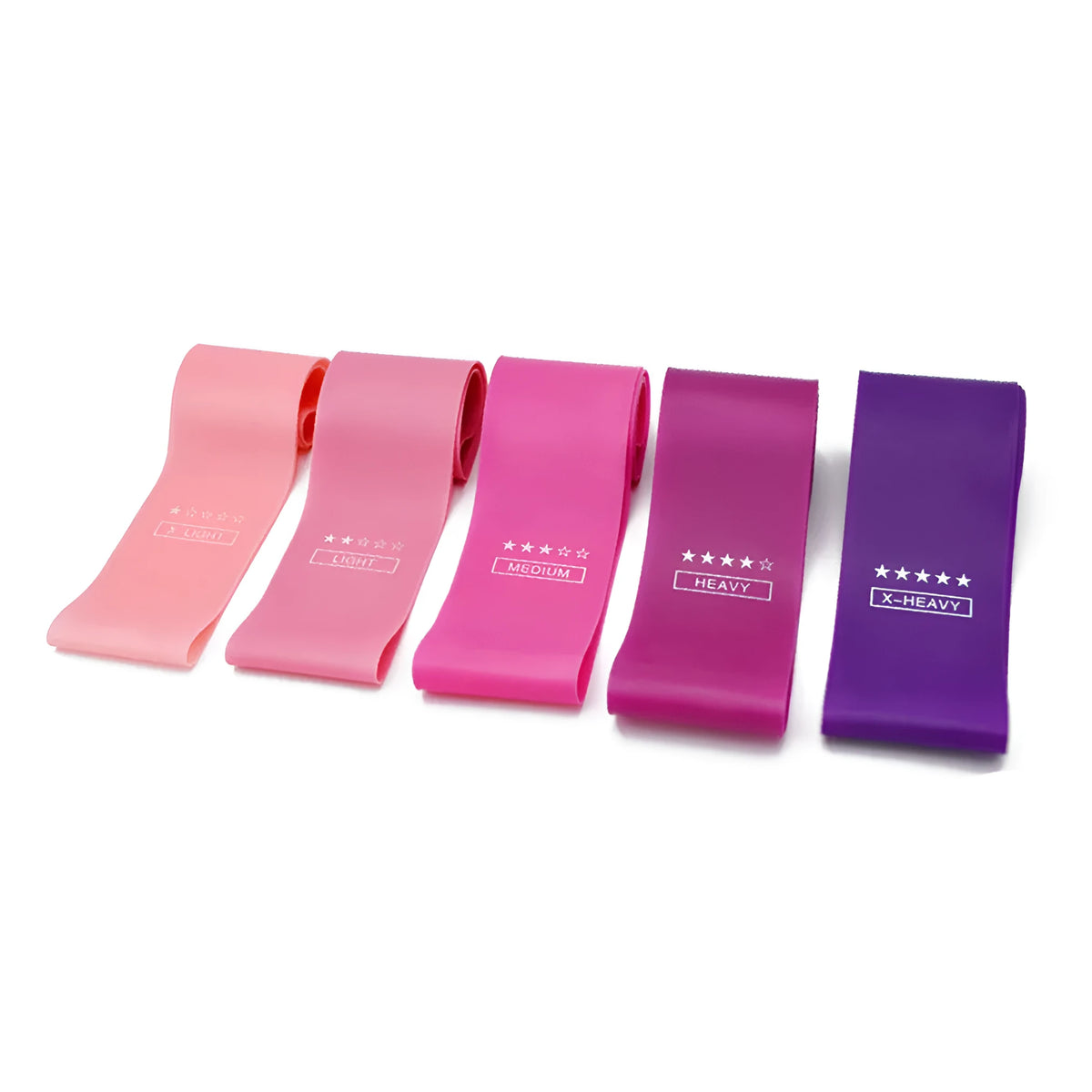 Gym Sterkte natural latex resistance bands five colour levels light pink to purple 600x50mm