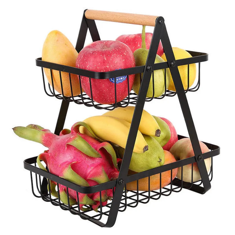 Black iron double-layer fruit basket with wooden handle, detachable for flexible storage