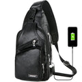 USB portable charging chest bag in PU leather with zipper closure, black colour, front pocket visible