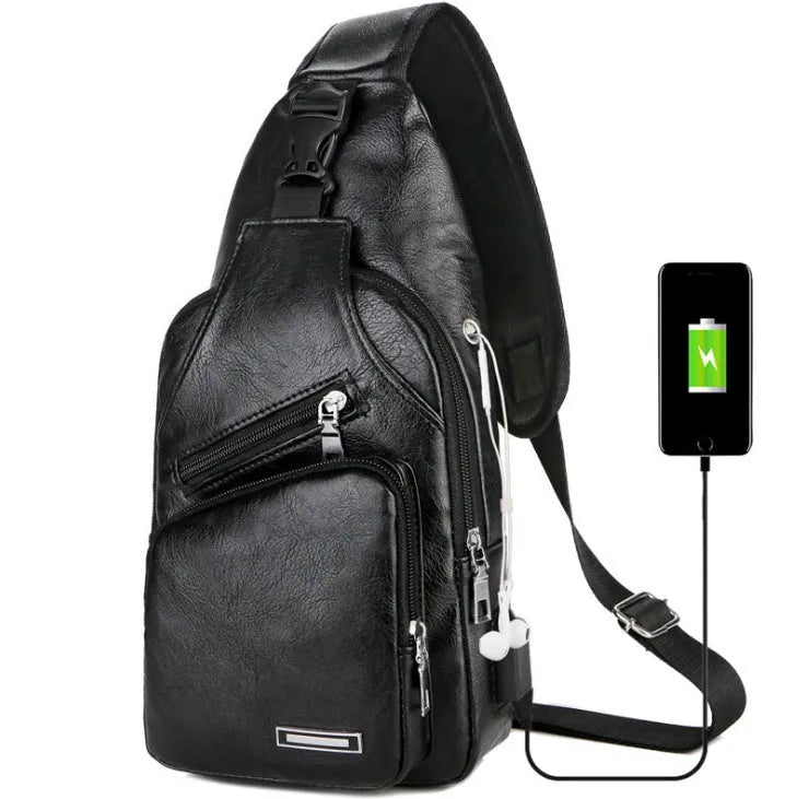 USB portable charging chest bag in PU leather with zipper closure, black colour, front pocket visible