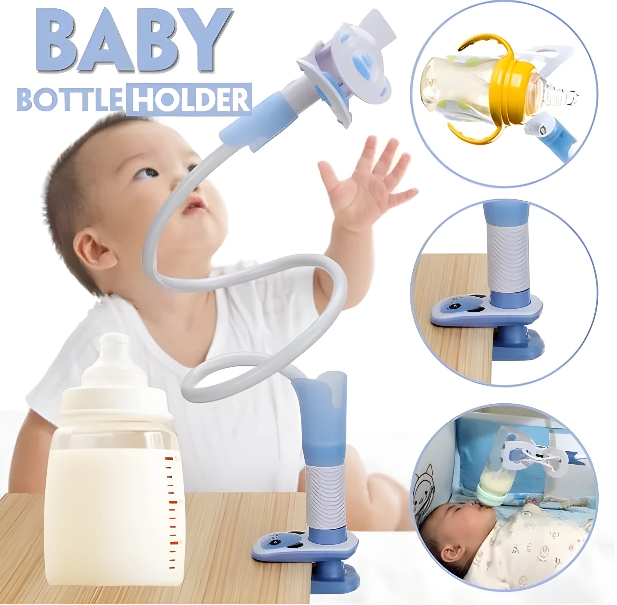 Blue and pink 1.05-metre extended baby feeding bracket for milk bottle support