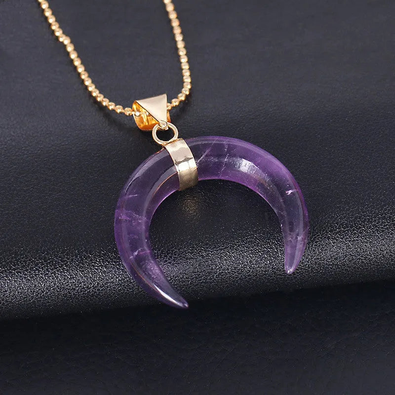 Natural stone moon pendant necklace with 45cm chain, copper fittings, and electroplated finish, shown in pink or purple.