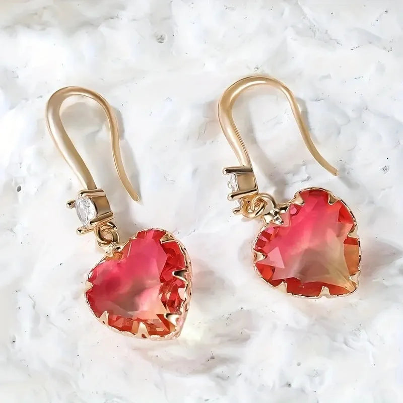 Women's heart-shaped fashion earrings in coloured glaze with four colour options including blue, yellow, purple and red variations