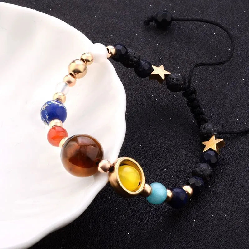 Eight planets natural stone bead bracelet with lapis lazuli, aquamarine, labradorite, tiger eye and red agate on wax rope or elastic string.