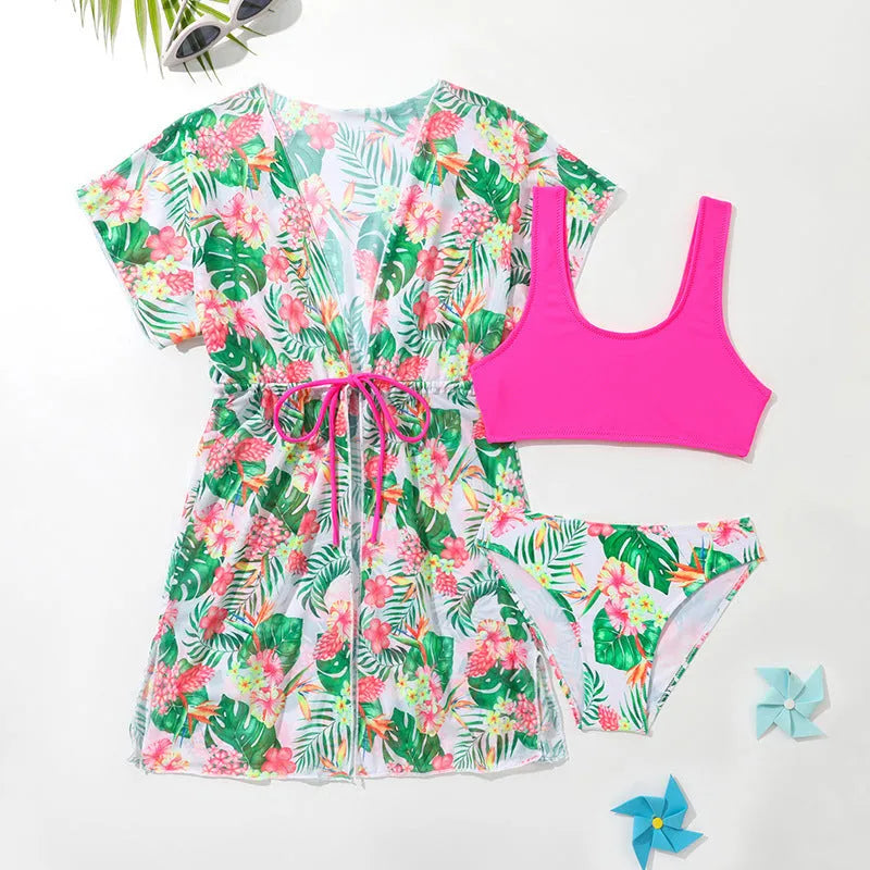 Girls' floral two-piece swimsuit in polyester fabric for swimming