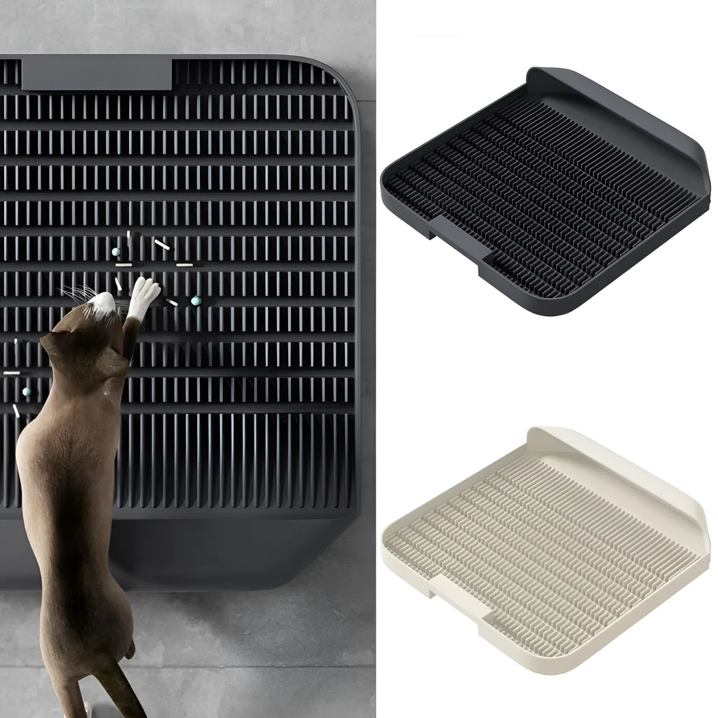 Large black cat litter pedal with slanted mouth design and textured surface for litter containment