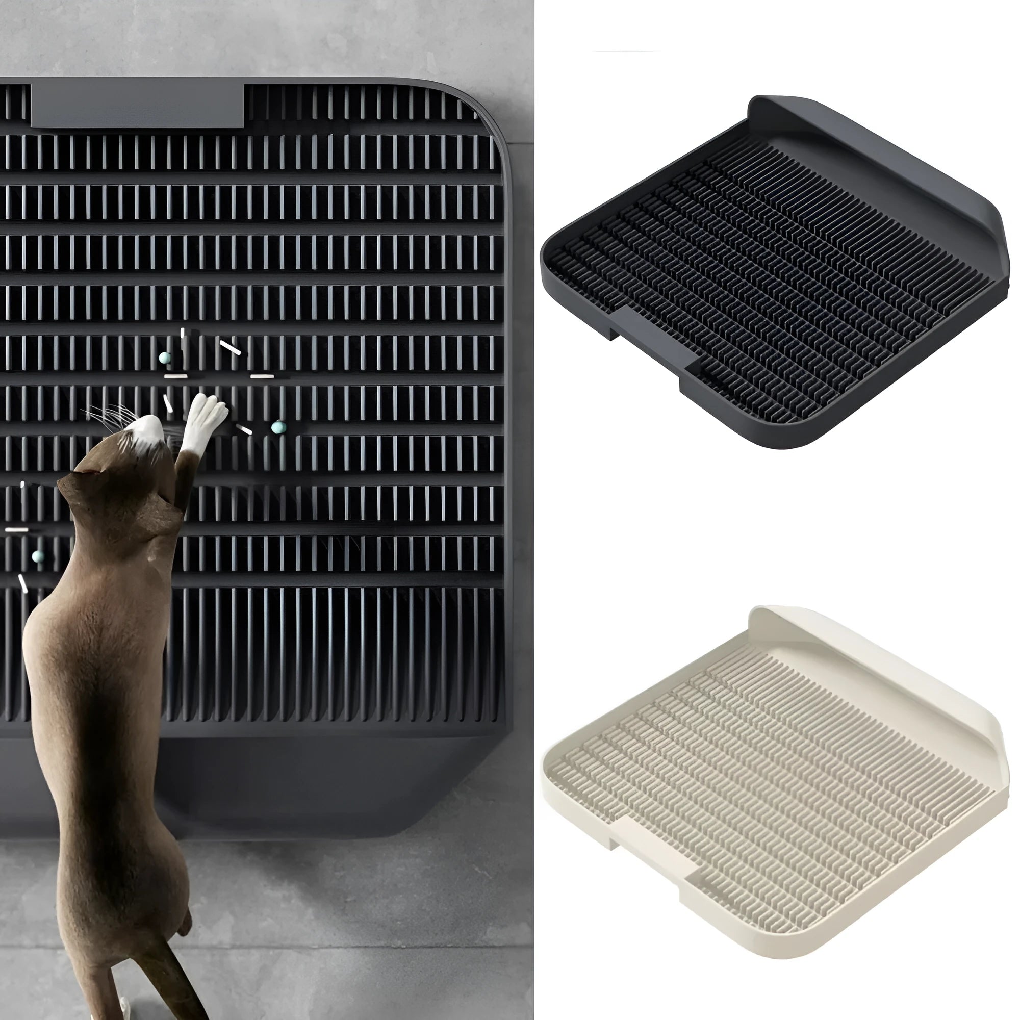 Large black cat litter pedal with slanted mouth design and textured surface for litter containment