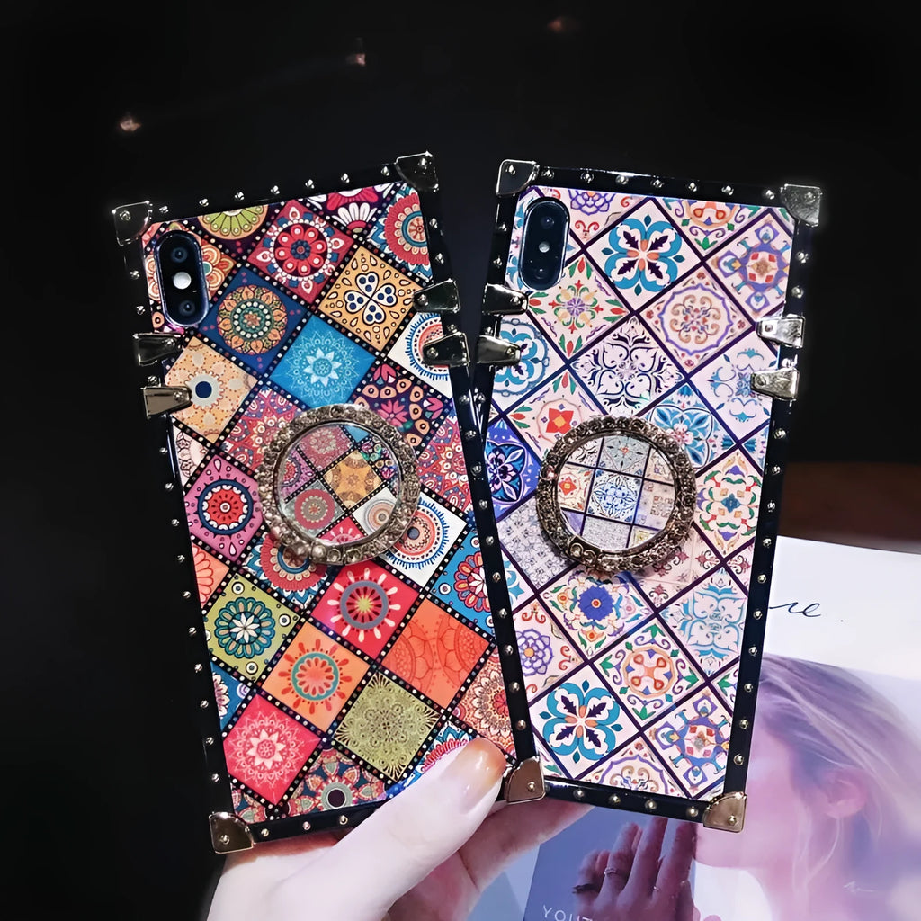 Samsung phone case in bohemian style with blue light mirror frame on a luxury square silicone cover.