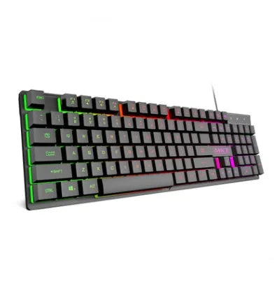 Black USB wired luminous gaming keyboard with frosted keycaps on a desk.