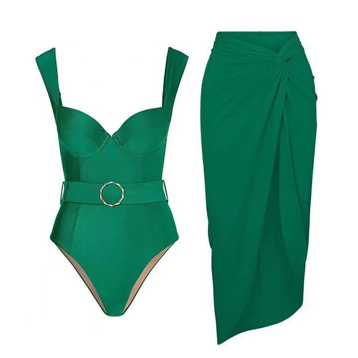Women's polyester one-piece swimsuit with gauze skirt and shoulder style options