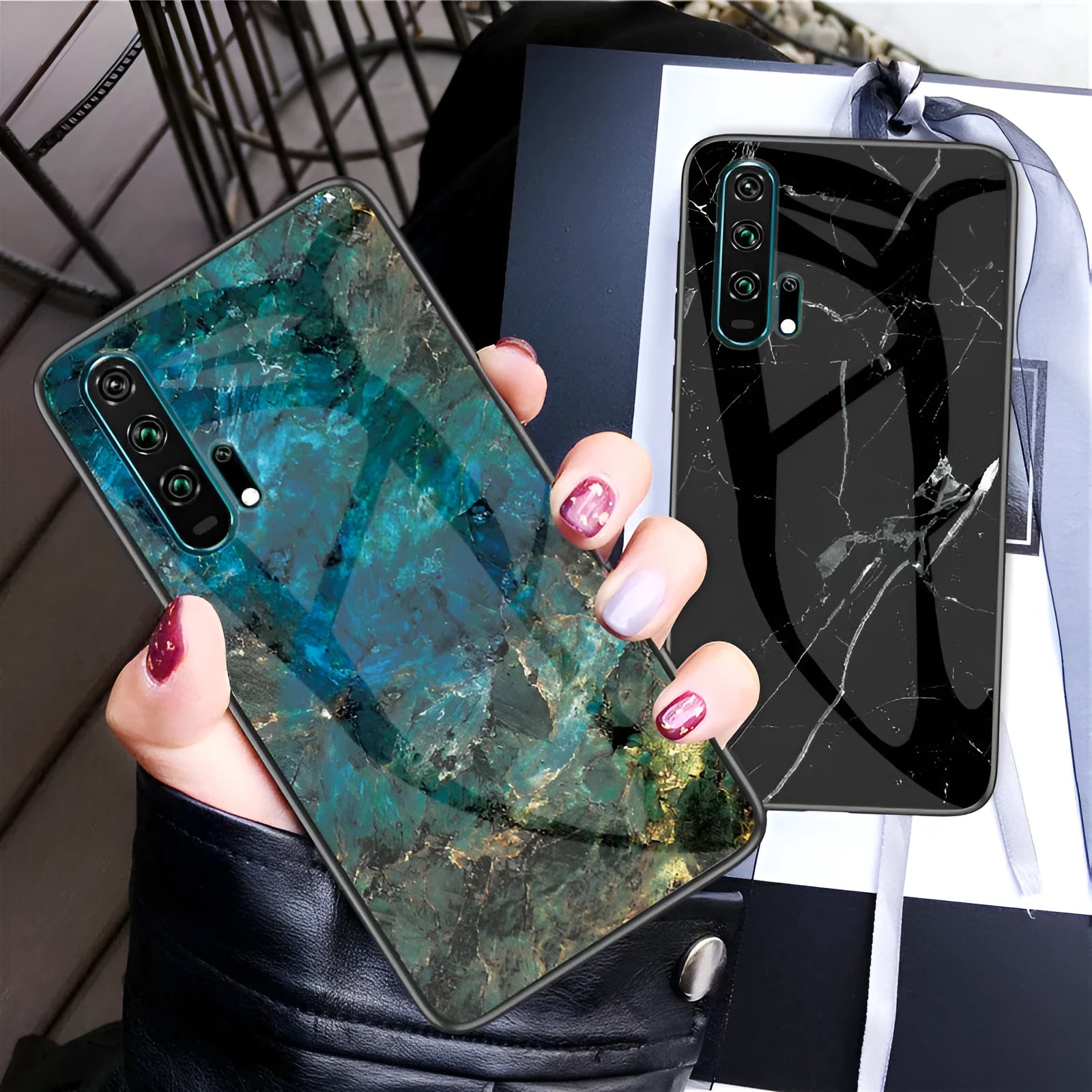 Honor 20 Pro in a marble-patterned tempered glass and silicone anti-fall phone case.
