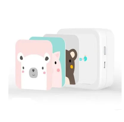 Thermal pocket portable Bluetooth printer in white, 79x79x40mm, with thermal paper roll inside