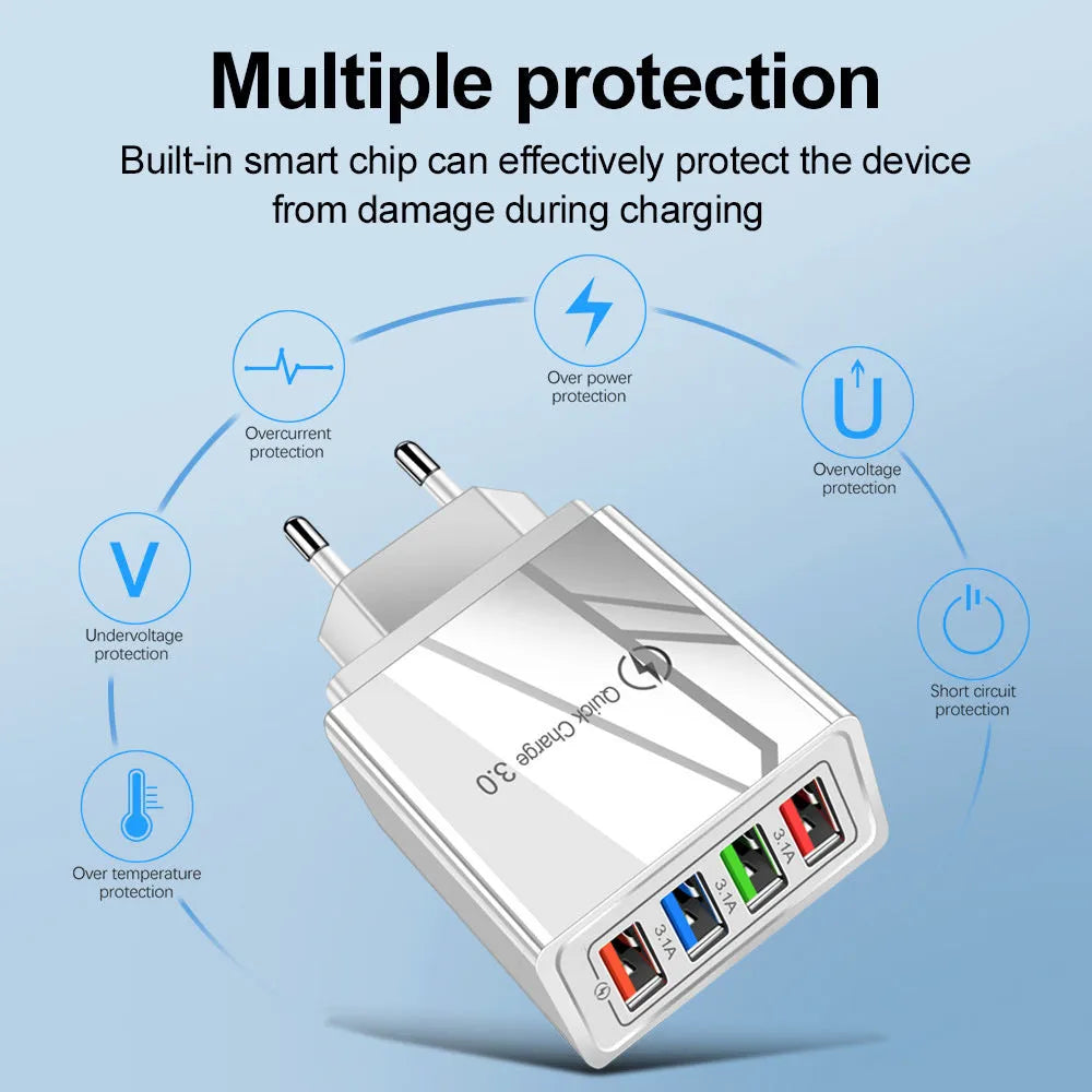 Four-port USB wall charger with UK three-pin plug in black and white colour scheme