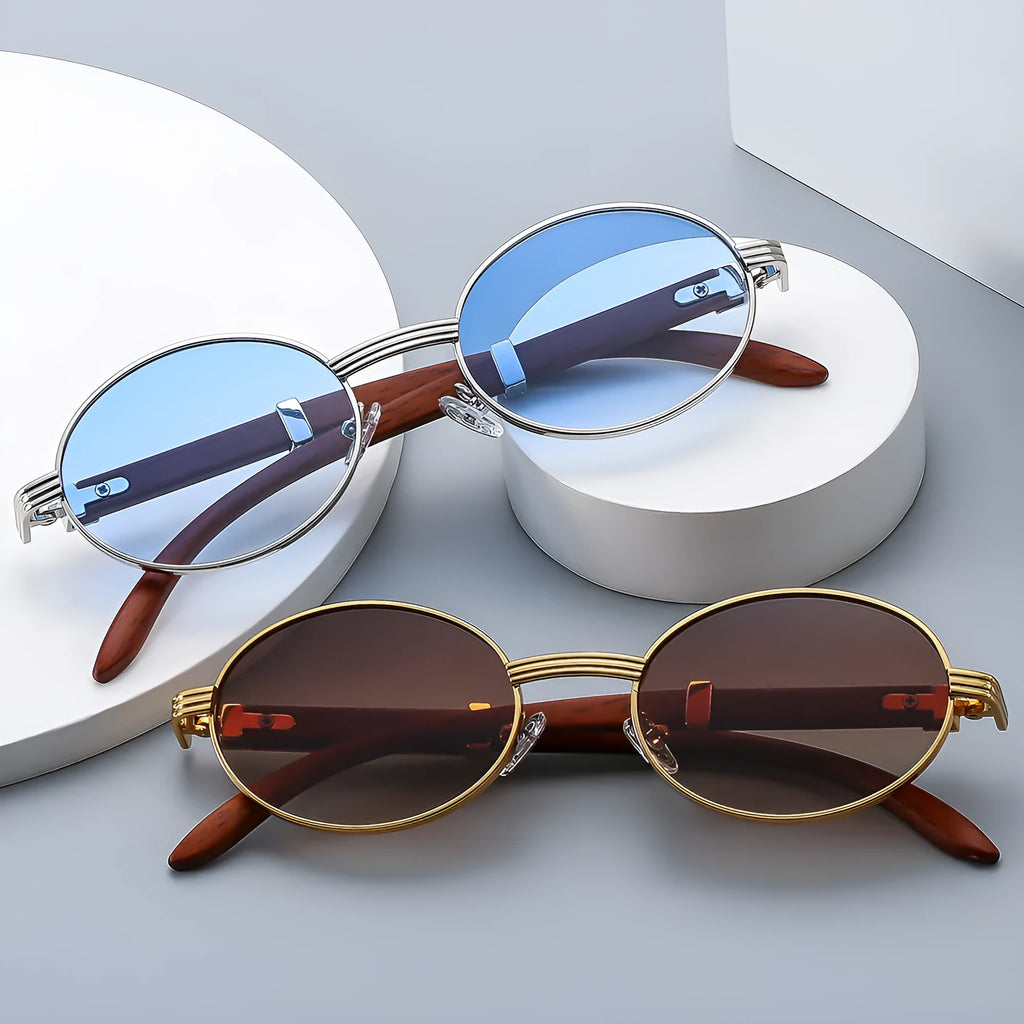 UV protection sunglasses with plastic frame, gold or silver, shown in grey, blue, green, or clear lens options.