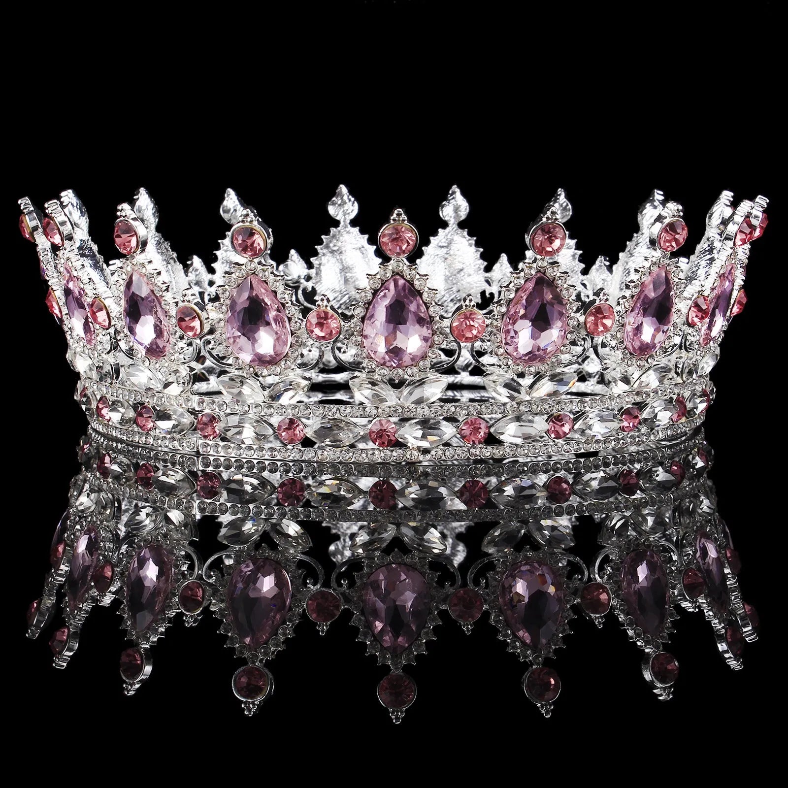 Baroque bridal crown headdress with rhinestones on alloy base, 12.5cm diameter, 5cm height in gold finish