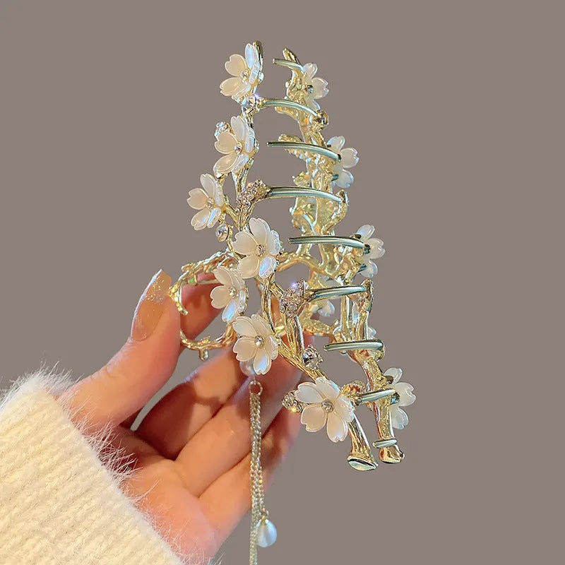 Large alloy hair clip with pearl, water diamond inlay and bell orchid tassel pendant, 11.5cm long