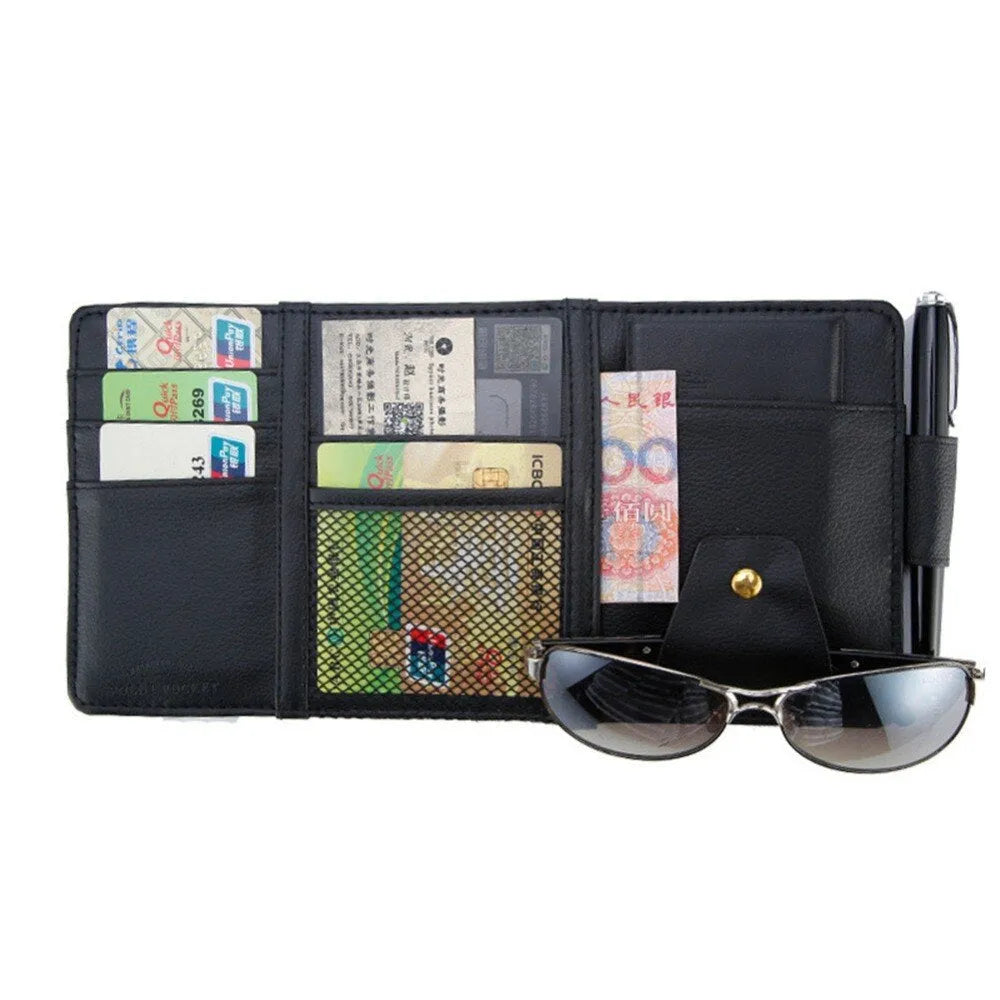 Beige PU car storage bag with compartments, 30x14.5cm, mounted on sun visor