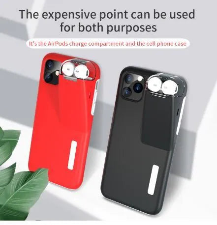 Black 2-in-1 iPhone case with integrated AirPods charging case slot on the back.