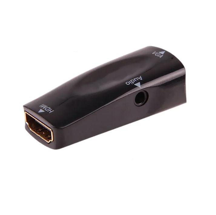 HDMI to VGA adapter converter in black and white showing compact dimensions for laptop and monitor connections