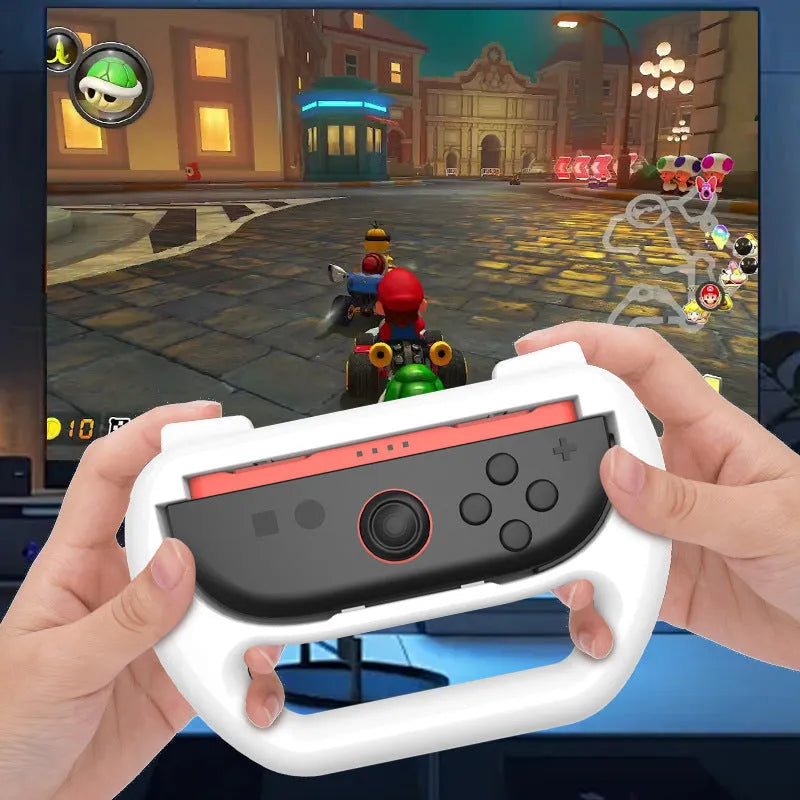 Game grip accessories for Switch 2 handle in black, ABS material, 145x65x100mm, shown on a flat surface.