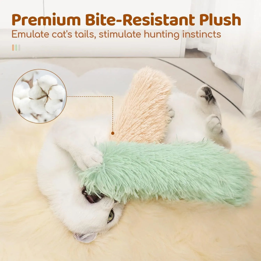 Plush cat toy pillow in blue, green, pink, and white colours, shown at 27cm by 10cm size