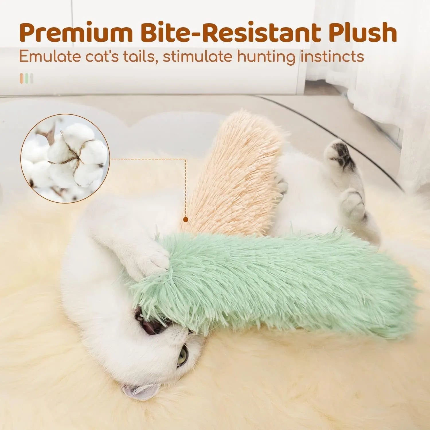Plush cat toy pillow in blue, green, pink, and white colours, shown at 27cm by 10cm size