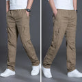 Men's plus size pure cotton straight leg trousers with belt and multi-pockets in black or grey