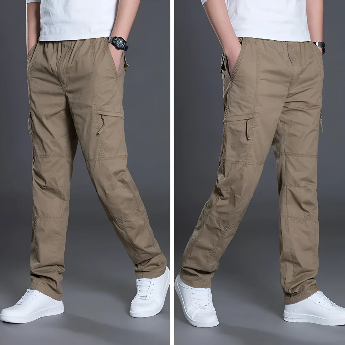 Men's plus size pure cotton straight leg trousers with belt and multi-pockets in black or grey