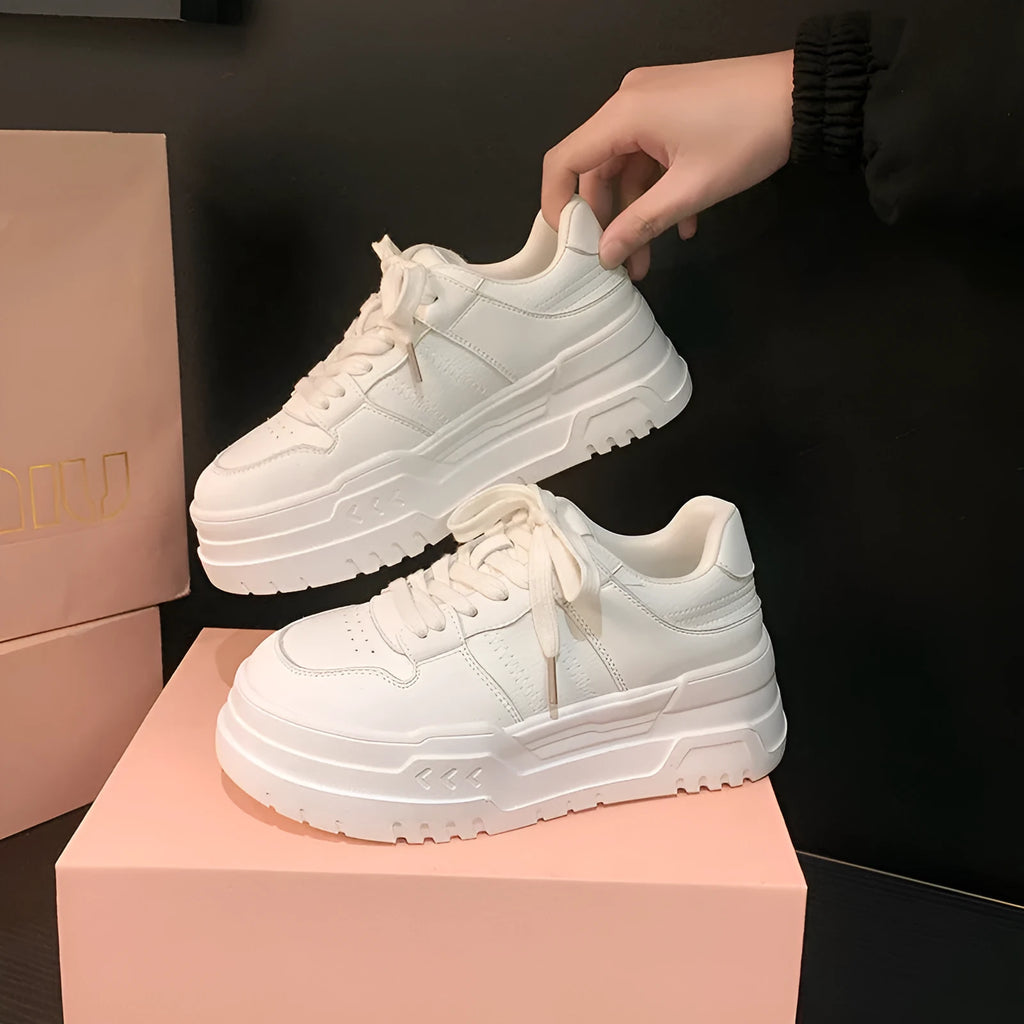 White platform height increasing lace up sports board shoes for women, low top cowhide, 6-8cm heel
