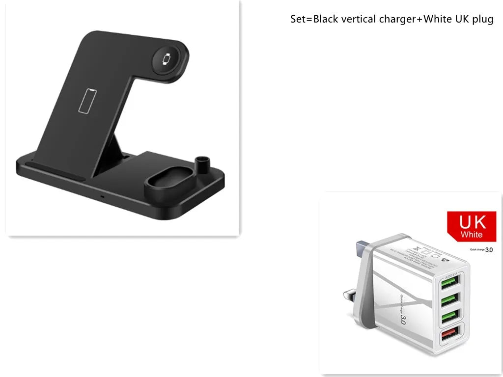 Black 4-in-1 wireless charging station with phone on adjustable stand, charging Apple Watch, AirPods, and Apple Pencil.