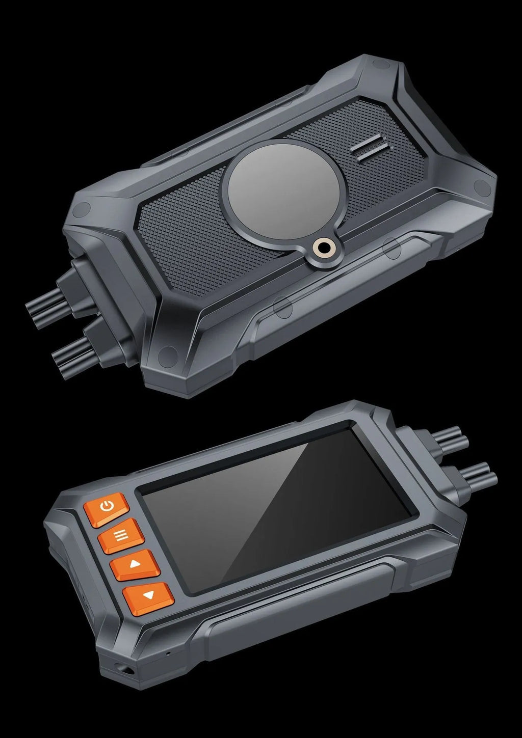 Motorcycle dual lens tachograph DVR with GPS module, ACC power cable, and handlebar controller.