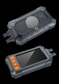 Motorcycle dual lens tachograph DVR with GPS module, ACC power cable, and handlebar controller.