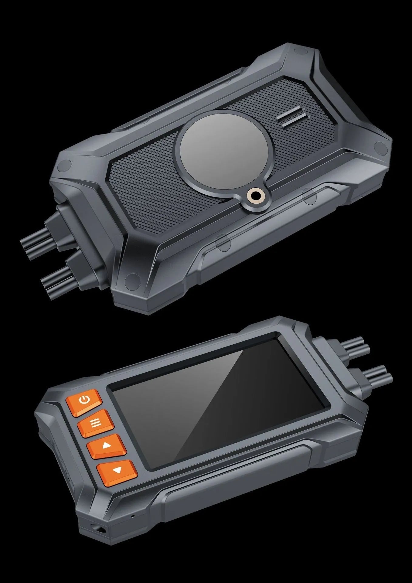 Motorcycle dual lens tachograph DVR with GPS module, ACC power cable, and handlebar controller.