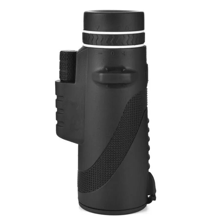 Black HD 40x60 monocular telescope with smartphone mount shown on a table.