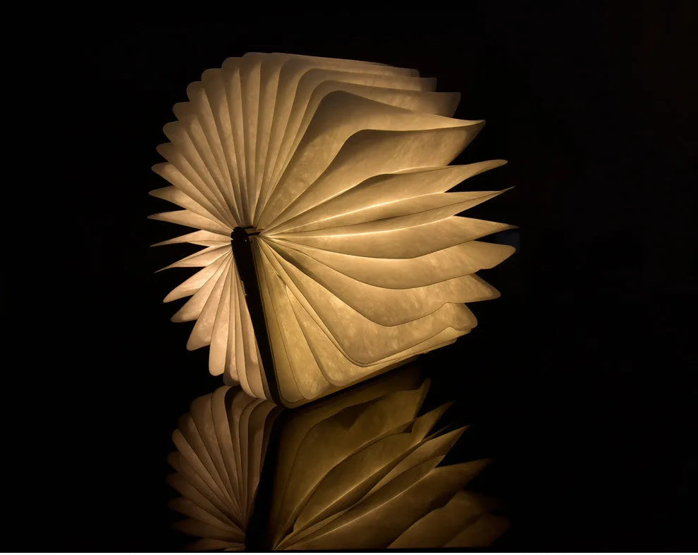 Folding LED book light with wooden cover and DuPont paper, 215x165x30mm, walnut colour, warm white light