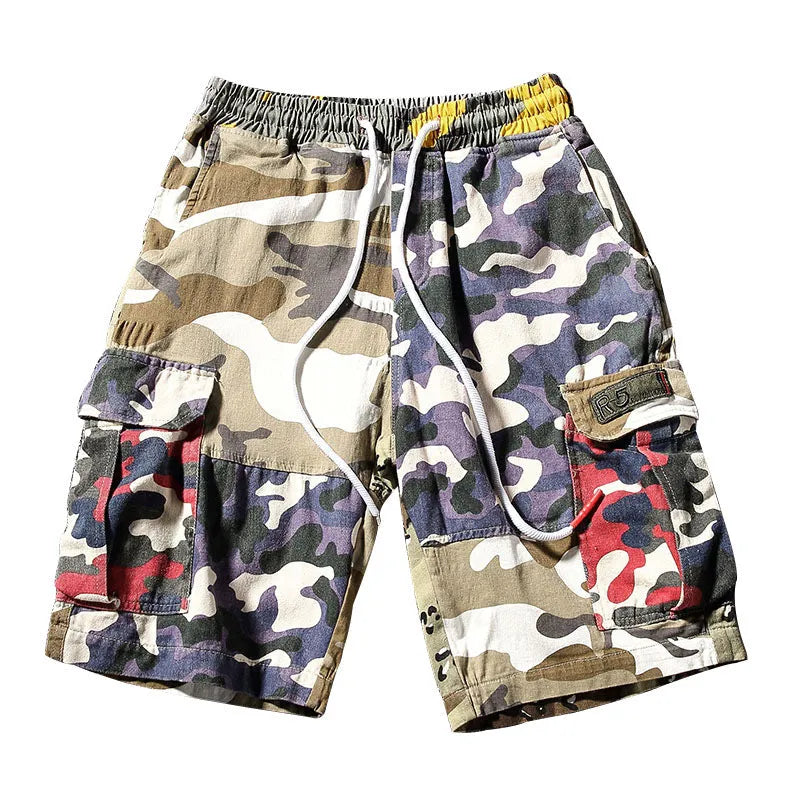 Men's loose fit camouflage five-point cotton trousers, mid-rise waist, available in sizes M to 5XL