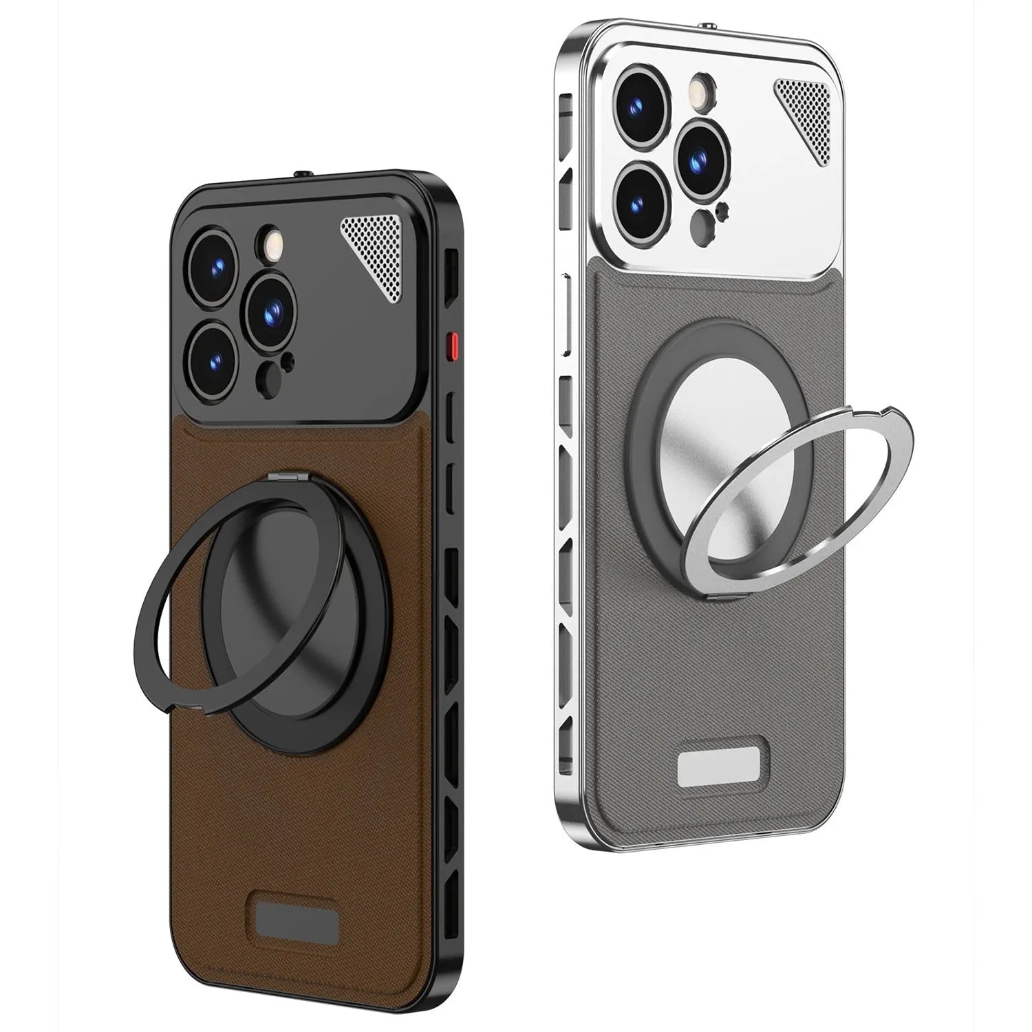 Aluminium alloy leather phone case with rotating bracket and magnetic suction for Apple iPhone, black brown colour