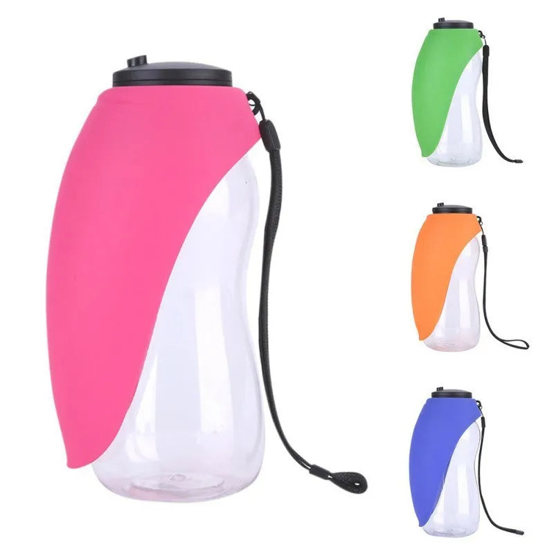 Blue plastic pet water bottle with drinking bowl showing 680ml capacity and key lock mechanism